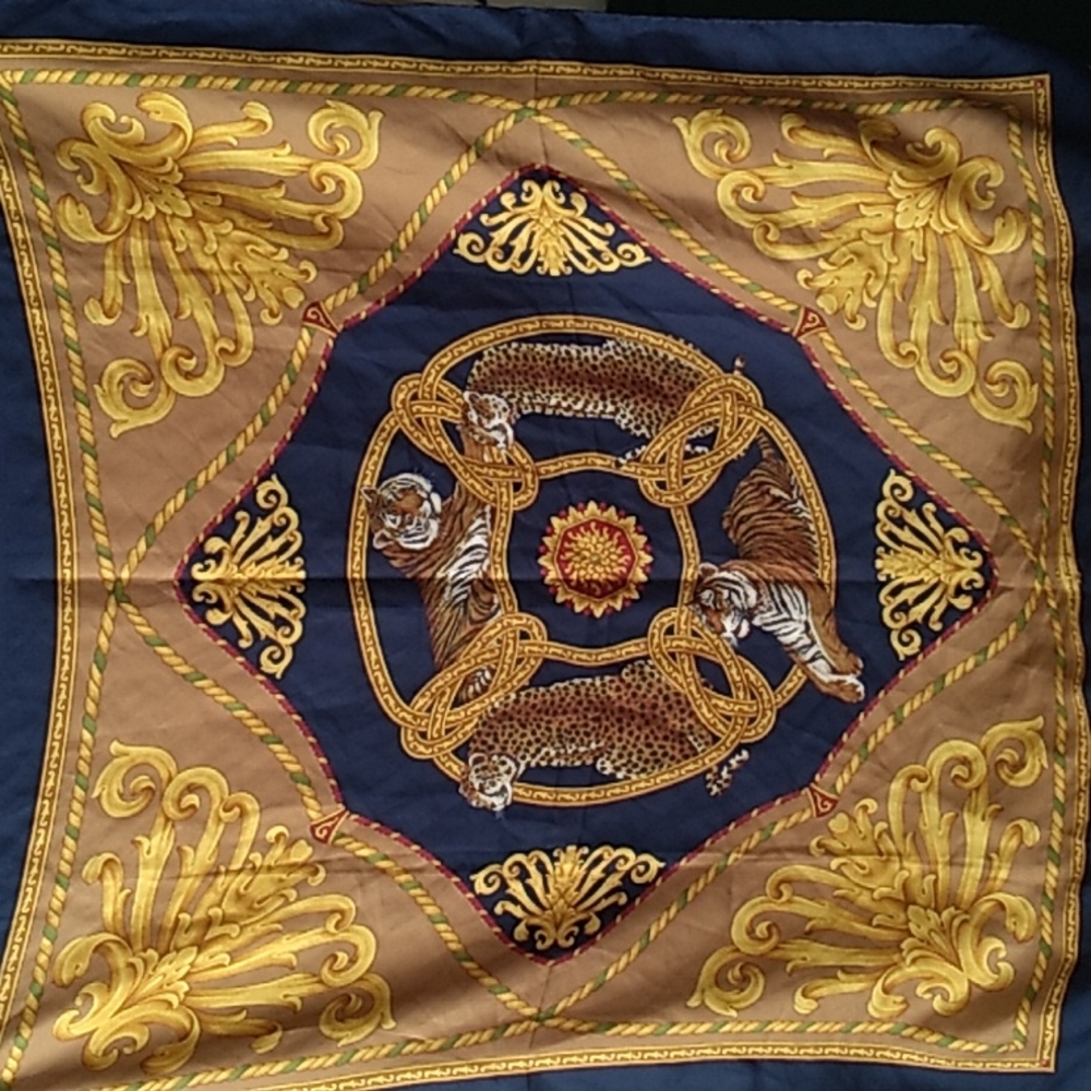 Salvatore Ferragamo Safari Tigers Gold Silk Scarf Vintage hand rolled edges